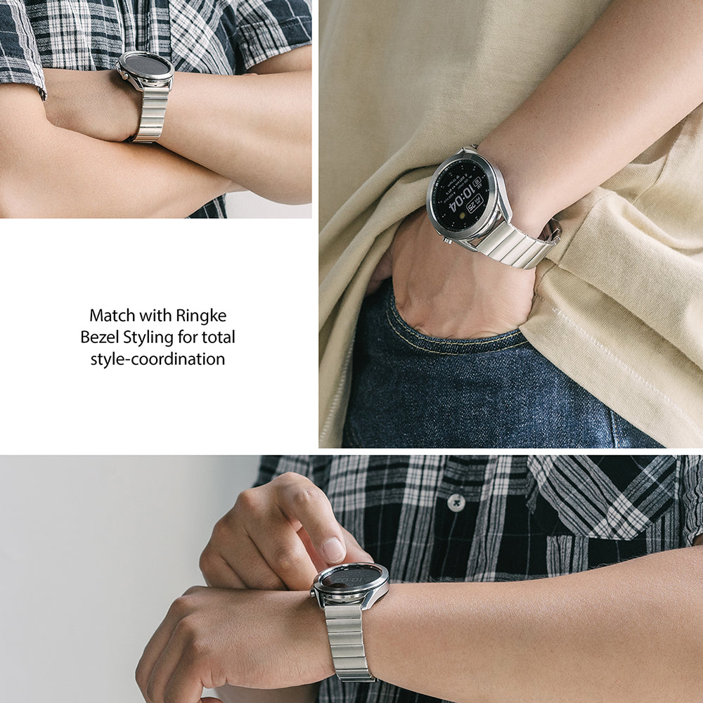 Watch Lug 22mm | Metal One Band α - Silver - Three views of a silver metal watch band worn on a wrist with a smartwatch.