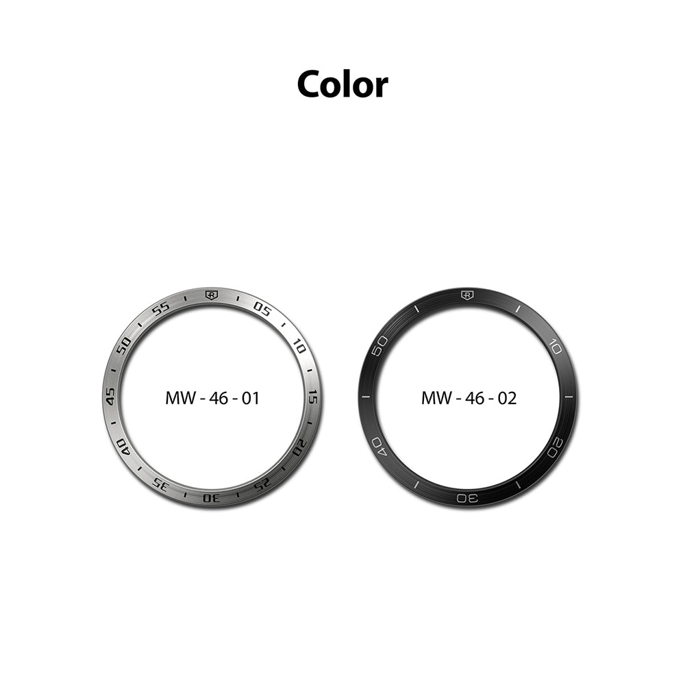 Xiaomi Mi Watch 46mm | Bezel Styling 46-01 - Xiaomi Mi Watch 46mm - Two circular watch bezels in silver and black, labeled MW-46-01 and MW-46-02 with minute markers.