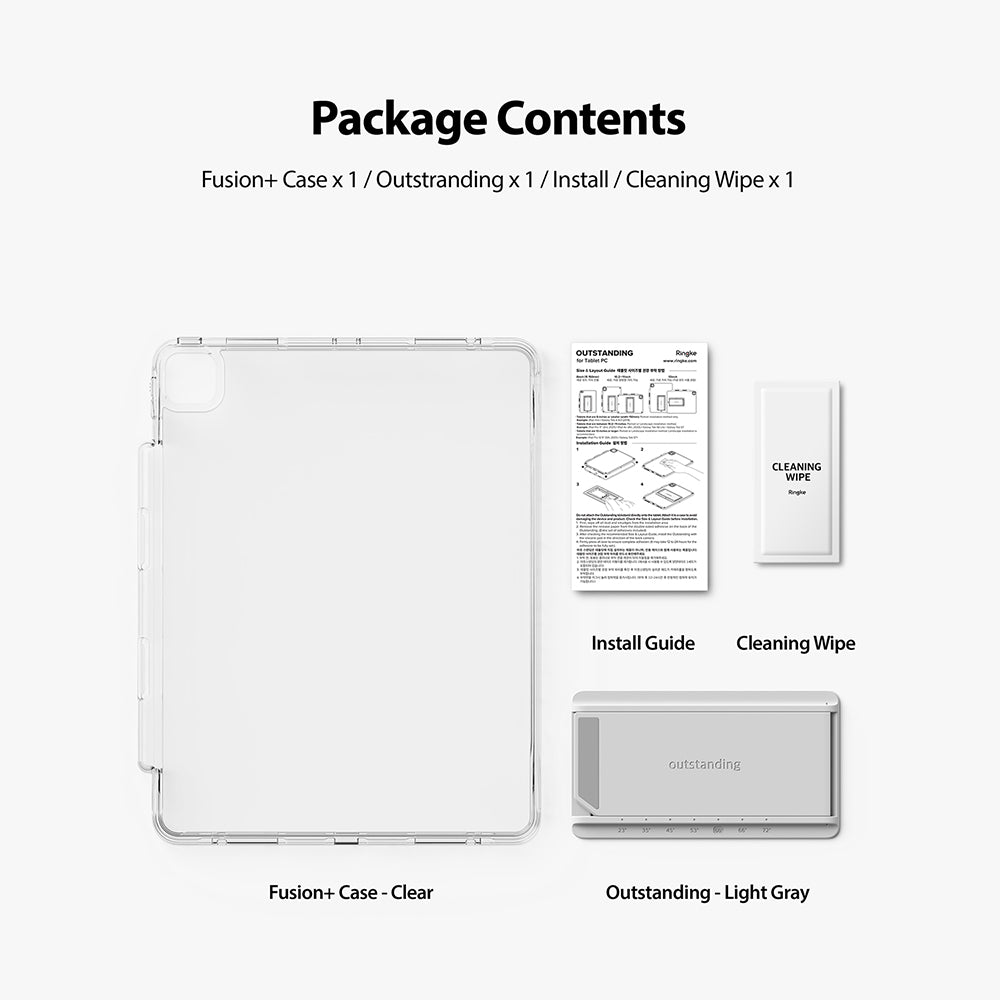Fusion Plus + Outstanding | iPad - Clear tablet case, light gray stand, installation guide, and cleaning wipe.