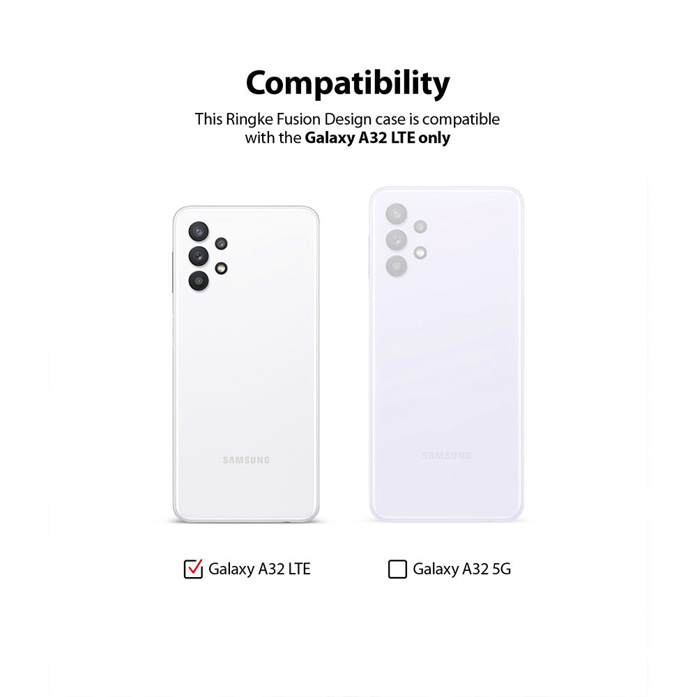 Galaxy A32 4G Case | Fusion Design - Seoul - Compatibility chart comparing Galaxy A32 LTE and 5G phone camera layouts.