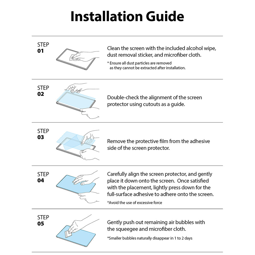 Tempered Glass | iPad - Five-step illustrated guide showing how to clean, align, and apply a screen protector to an iPad.