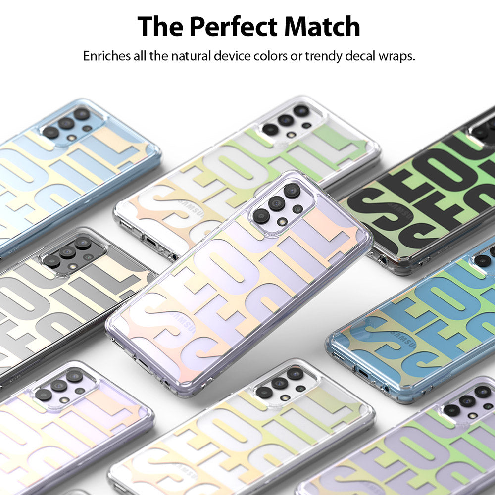 Galaxy A32 4G Case | Fusion Design - Seoul - Multiple clear phone cases with Seoul typography arranged on a white surface.