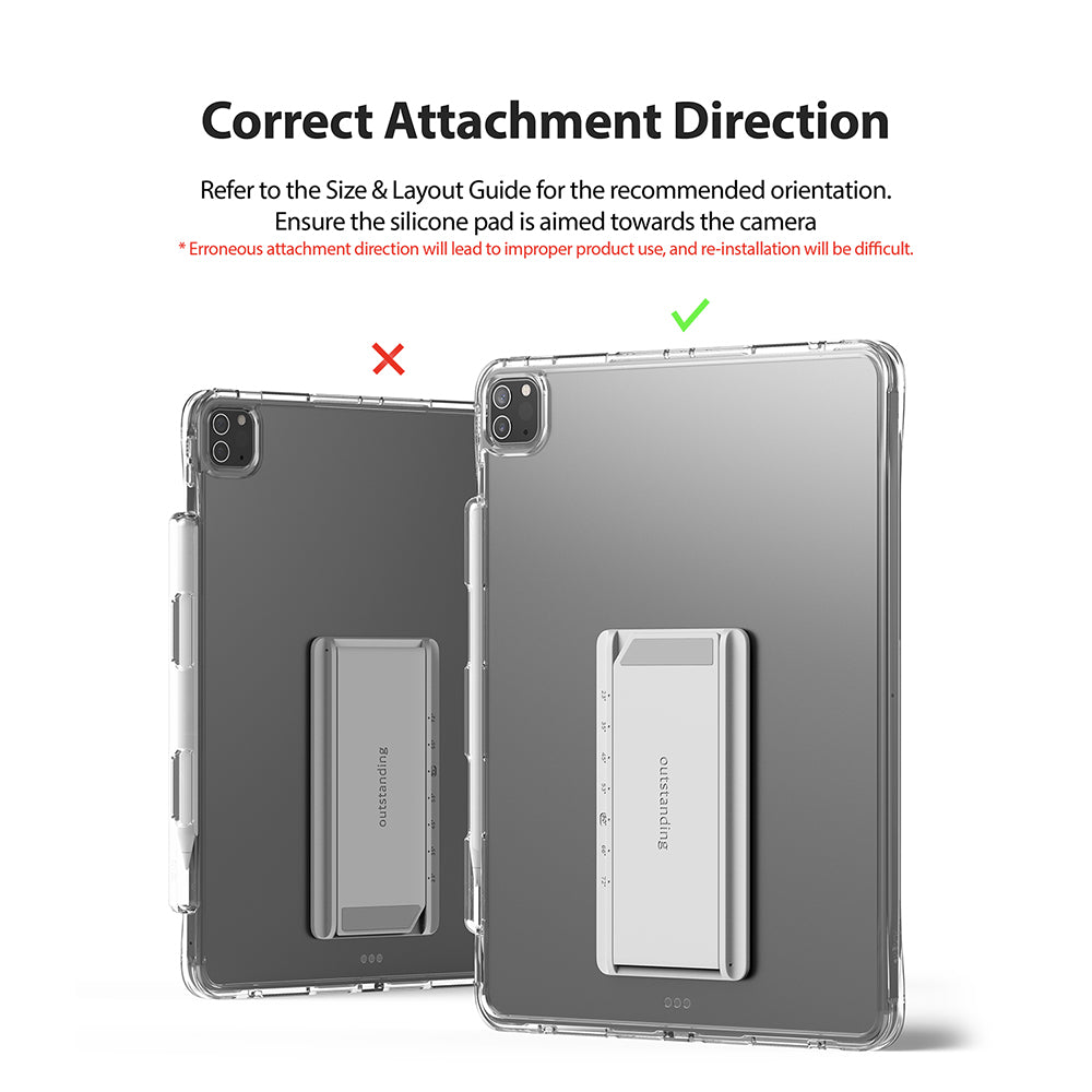 Fusion Plus + Outstanding | iPad - Diagram showing correct versus incorrect orientation of a kickstand attached to an iPad.