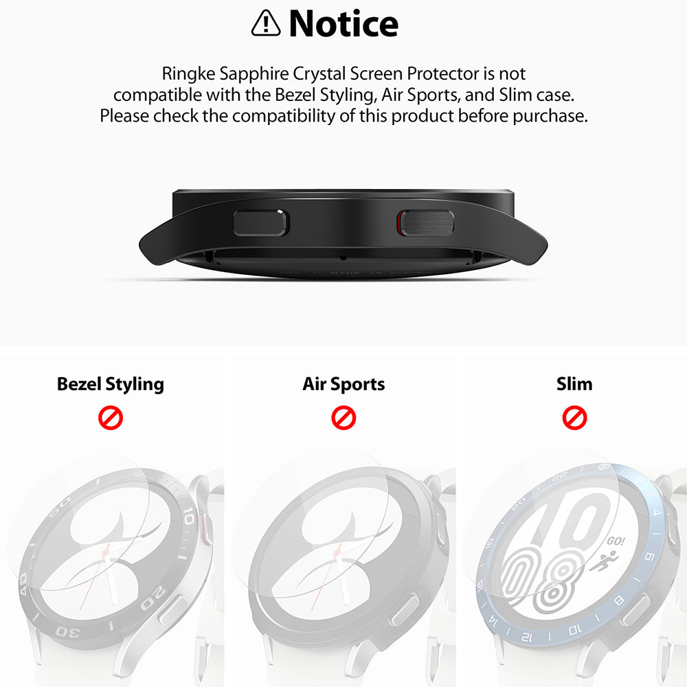 Galaxy Watch 5 / 4 (40mm) Screen Protector | Sapphire Crystal Glass - Galaxy Watch 5 / 4 (40mm) Screen Protector - Compatibility notice showing incompatible Bezel Styling, Air Sports, and Slim cases.