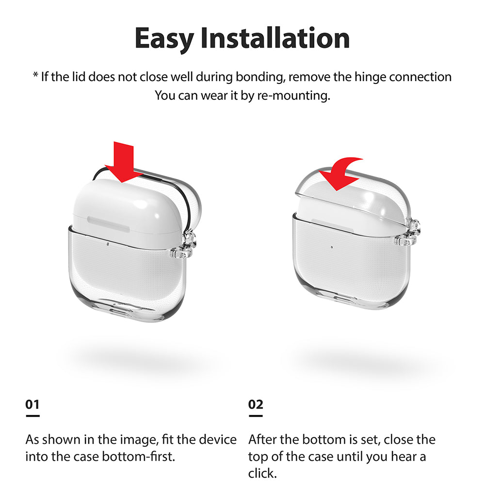 AirPods 3 Case | Hinge - Two-step installation guide showing how to insert AirPods into a clear protective case.