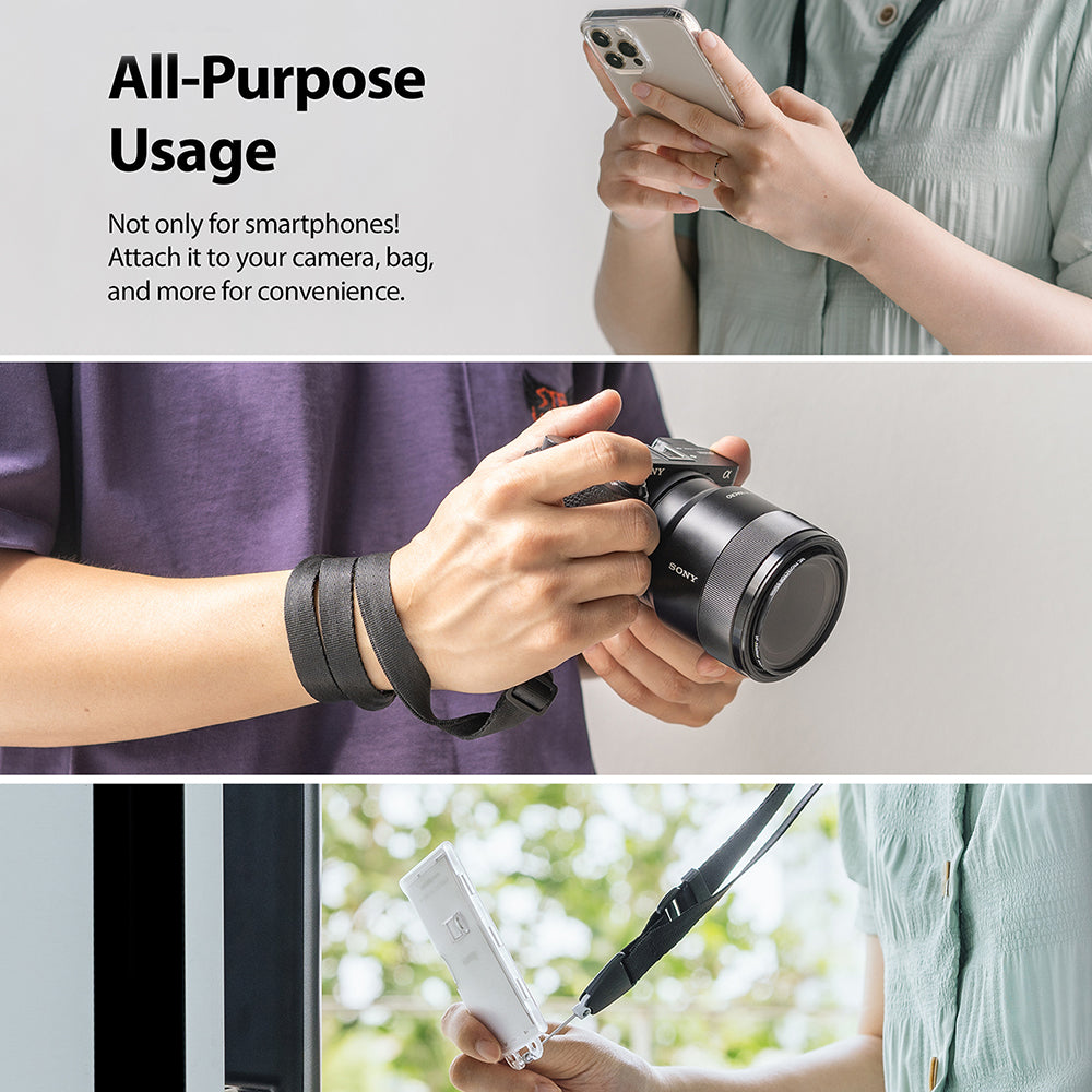 Lanyard Strap | Black - A black lanyard strap shown attached to a smartphone, a camera, and a small electronic device.