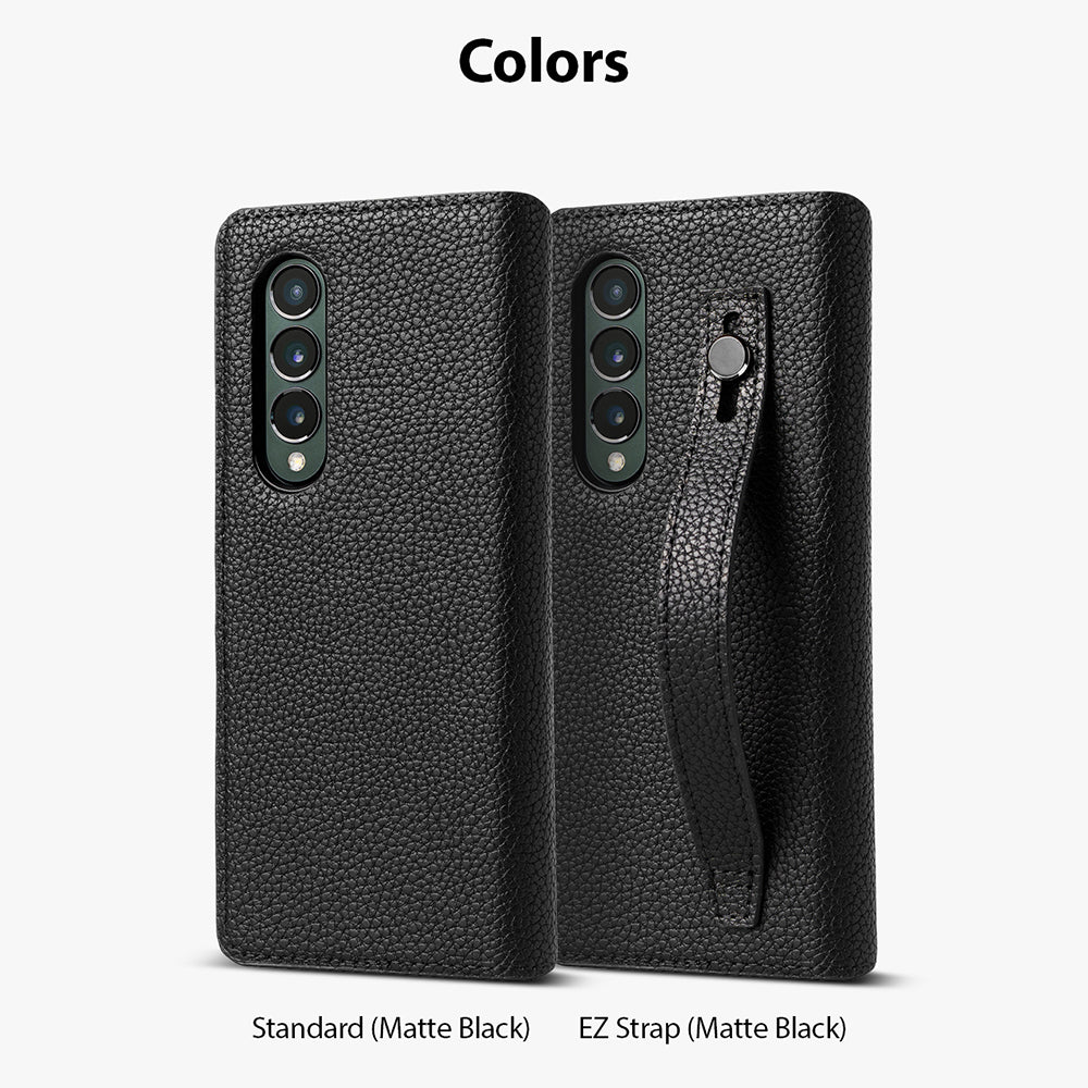 Galaxy Z Fold 3 Case | Folio Signature EZ Strap - Two black textured leather phone cases, one standard and one with a strap.