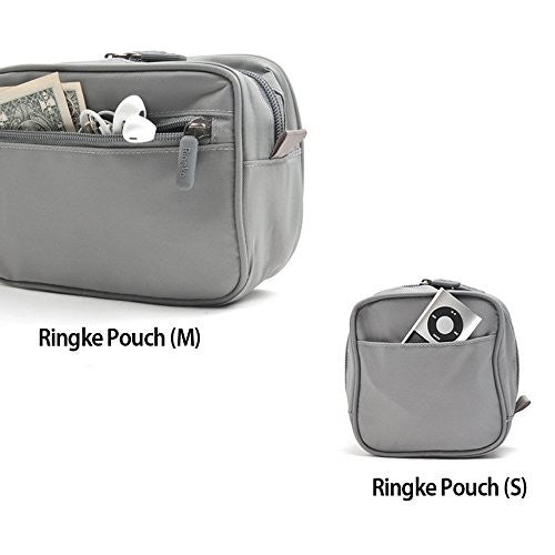 Travel Organizer Pouch - Grey medium and small zippered pouches with exterior pockets holding cash, earbuds, and a music player.