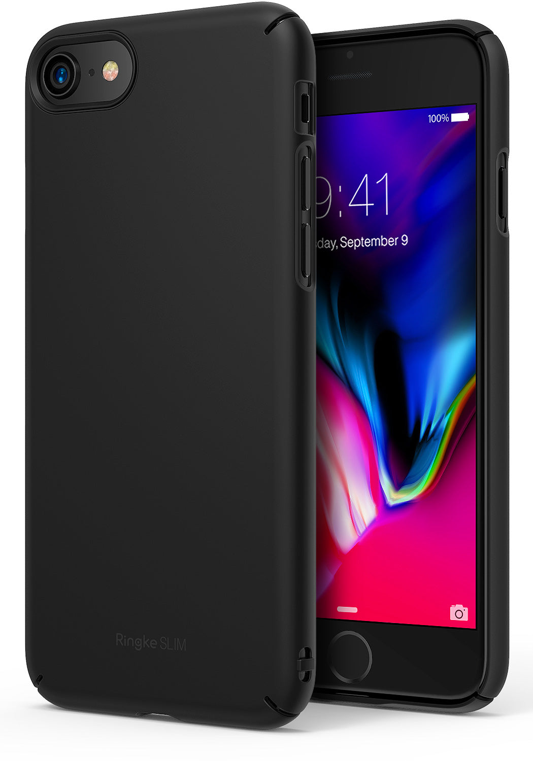 iPhone 8 / 7 / SE 2020 / SE 2022 Case | Slim/Slot - Black - Matte black slim phone case shown from back and front.