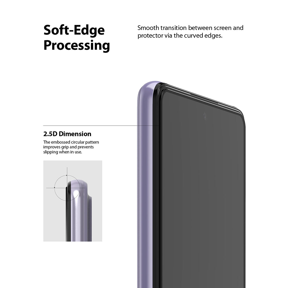Galaxy A72 Screen Protector | Invisible Defender - Close-up of a smartphone with a screen protector showing curved edges.