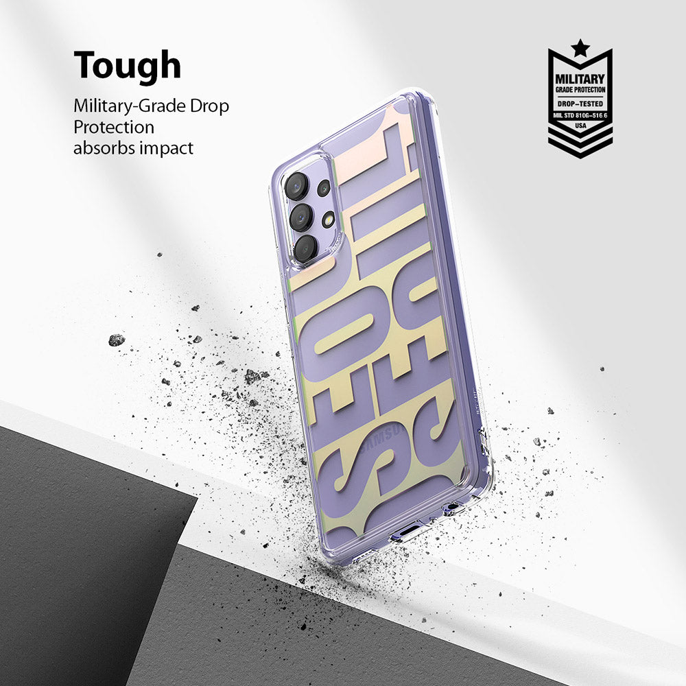 Galaxy A32 4G Case | Fusion Design - Seoul - Clear phone case with Seoul typography, military-grade protection badge.