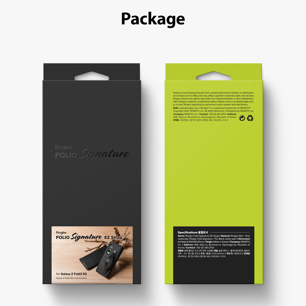 Galaxy Z Fold 3 Case | Folio Signature EZ Strap - Front and back views of the black and lime green product packaging.