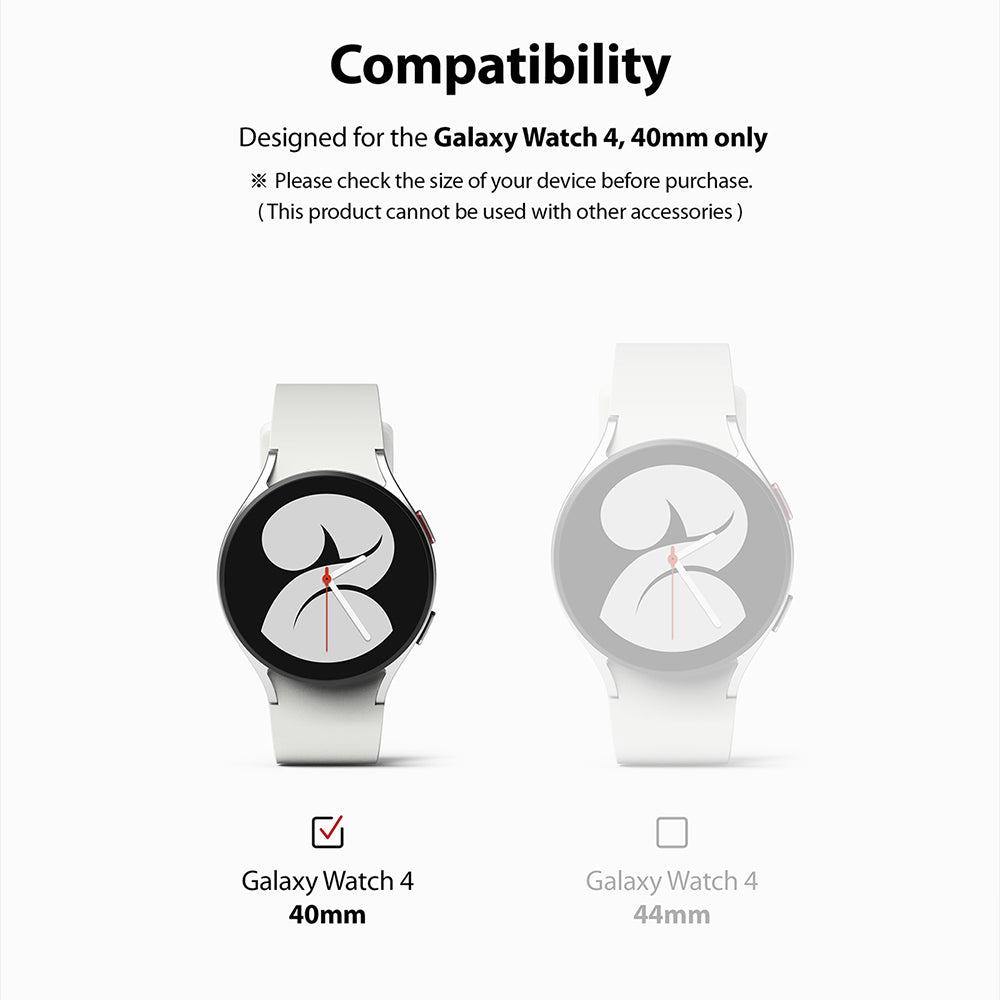 Galaxy Watch 5 / 4 (40mm) Screen Protector | Sapphire Crystal Glass - Galaxy Watch 5 / 4 (40mm) Screen Protector - Compatibility chart showing 40mm watch selected versus 44mm watch excluded.