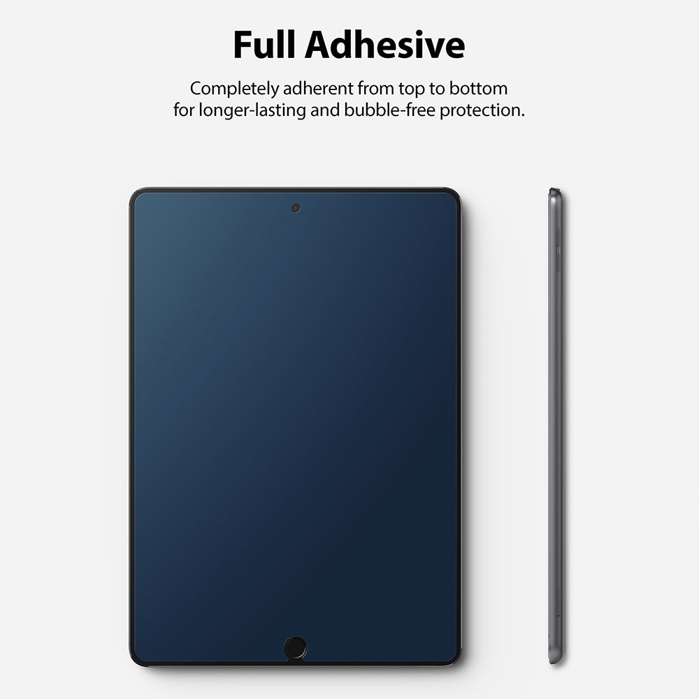 Tempered Glass | iPad - Front and side views of an iPad with a full-adhesive screen protector applied against a white background.