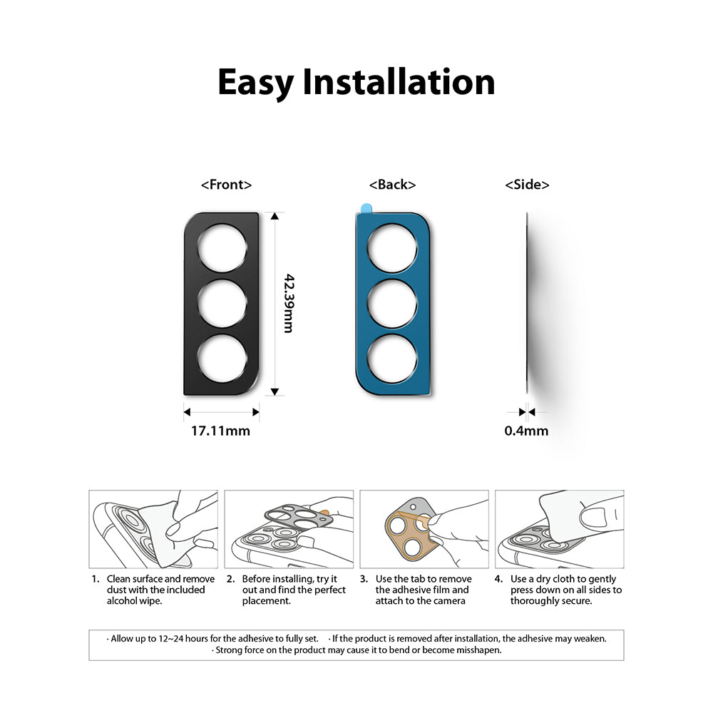 Galaxy S21 Plus | Camera Styling - Dimensions and four-step installation guide for a phone camera lens protector.