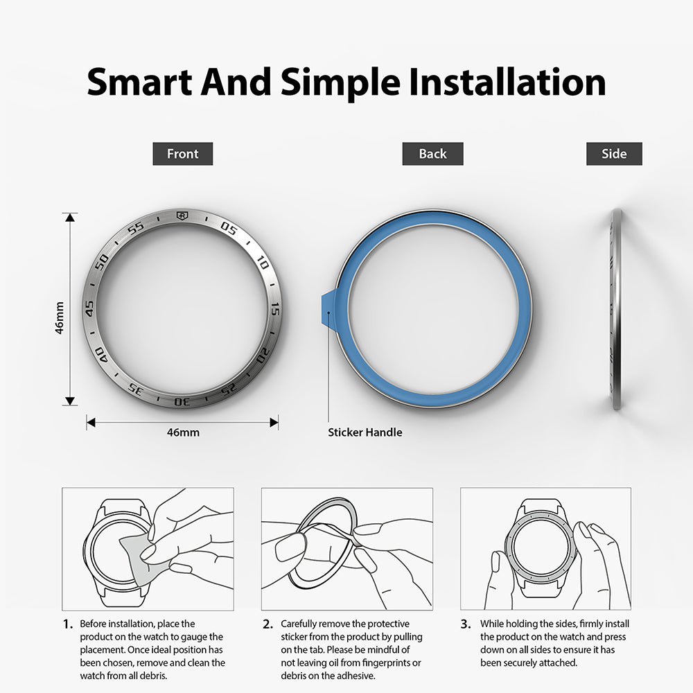 Xiaomi Mi Watch 46mm | Bezel Styling 46-01 - Front, back, and side views of a watch bezel with three-step installation guide.