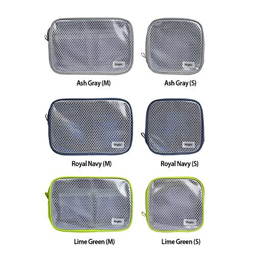 Travel Organizer Pouch - Six mesh travel pouches in Ash Gray, Royal Navy, and Lime Green, shown in medium and small sizes.