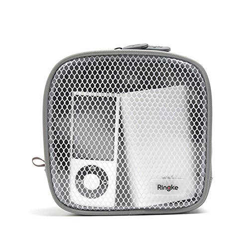 Travel Organizer Pouch - A grey mesh zippered pouch containing a white digital music player and a white power bank.