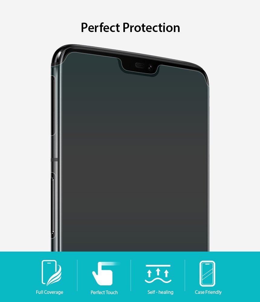OnePlus 6 Screen Protector | Invisible Defender - OnePlus 6 Screen Protector - Smartphone with screen protector applied, featuring icons for coverage, touch, and self-healing.