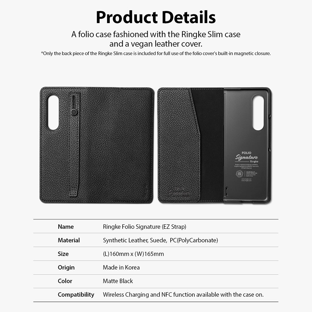 Galaxy Z Fold 3 Case | Folio Signature EZ Strap - Black vegan leather folio case with strap and interior shell.