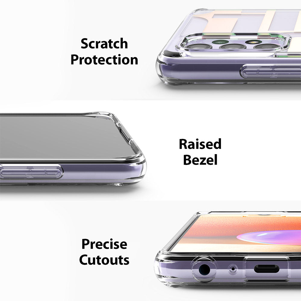 Galaxy A32 4G Case | Fusion Design - Seoul - Three close-up views of a clear phone case highlighting scratch protection, raised bezels, and precise port cutouts.