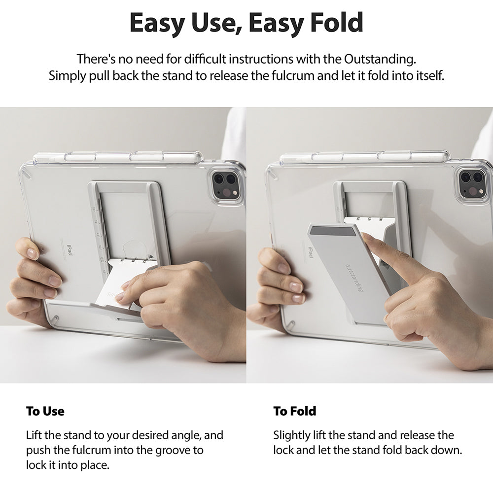 Fusion Plus + Outstanding | iPad - Hands demonstrating how to fold and unfold the iPad stand on a clear protective case.