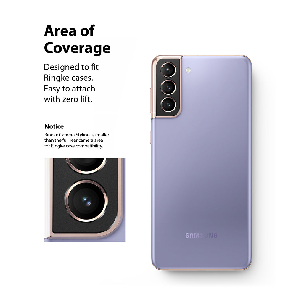 Galaxy S21 Plus | Camera Styling - Galaxy S21 Plus - Purple phone with a rose gold camera lens protector, showing a close-up detail and compatibility text.
