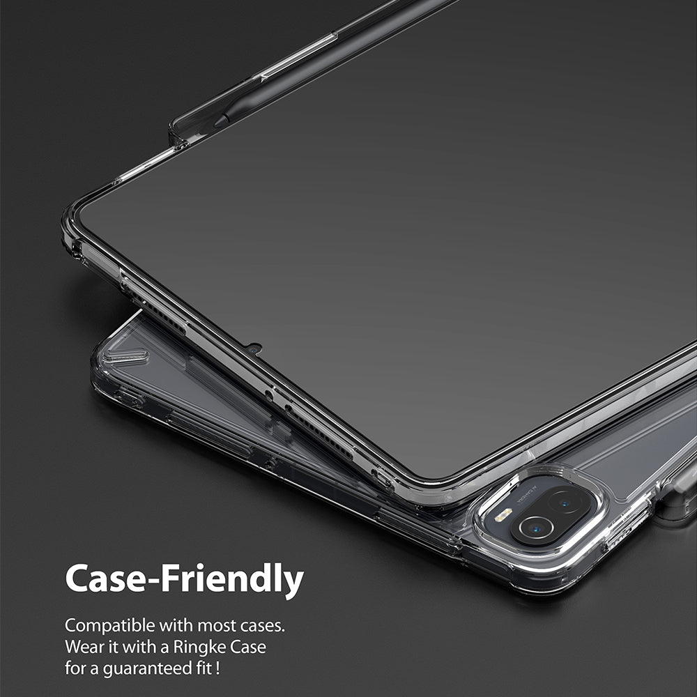 Xiaomi Pad 5 / 5 Pro Screen Protector | Invisible Defender Glass - Xiaomi Pad 5 / 5 Pro Screen Protector - Tablet in a clear protective case with a stylus attached on a dark background.