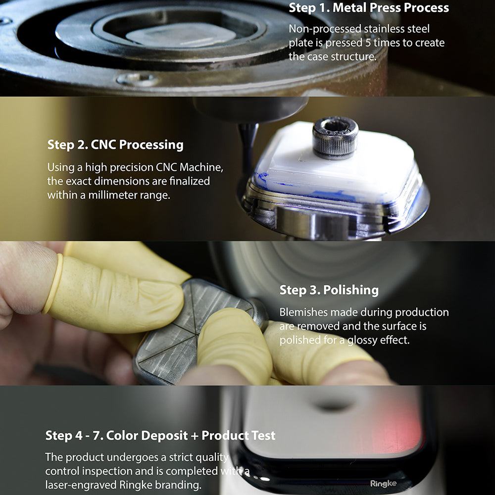Xiaomi Mi Watch 46mm | Bezel Styling 46-01 - Four-step manufacturing process showing metal pressing, CNC machining, polishing, and quality testing.