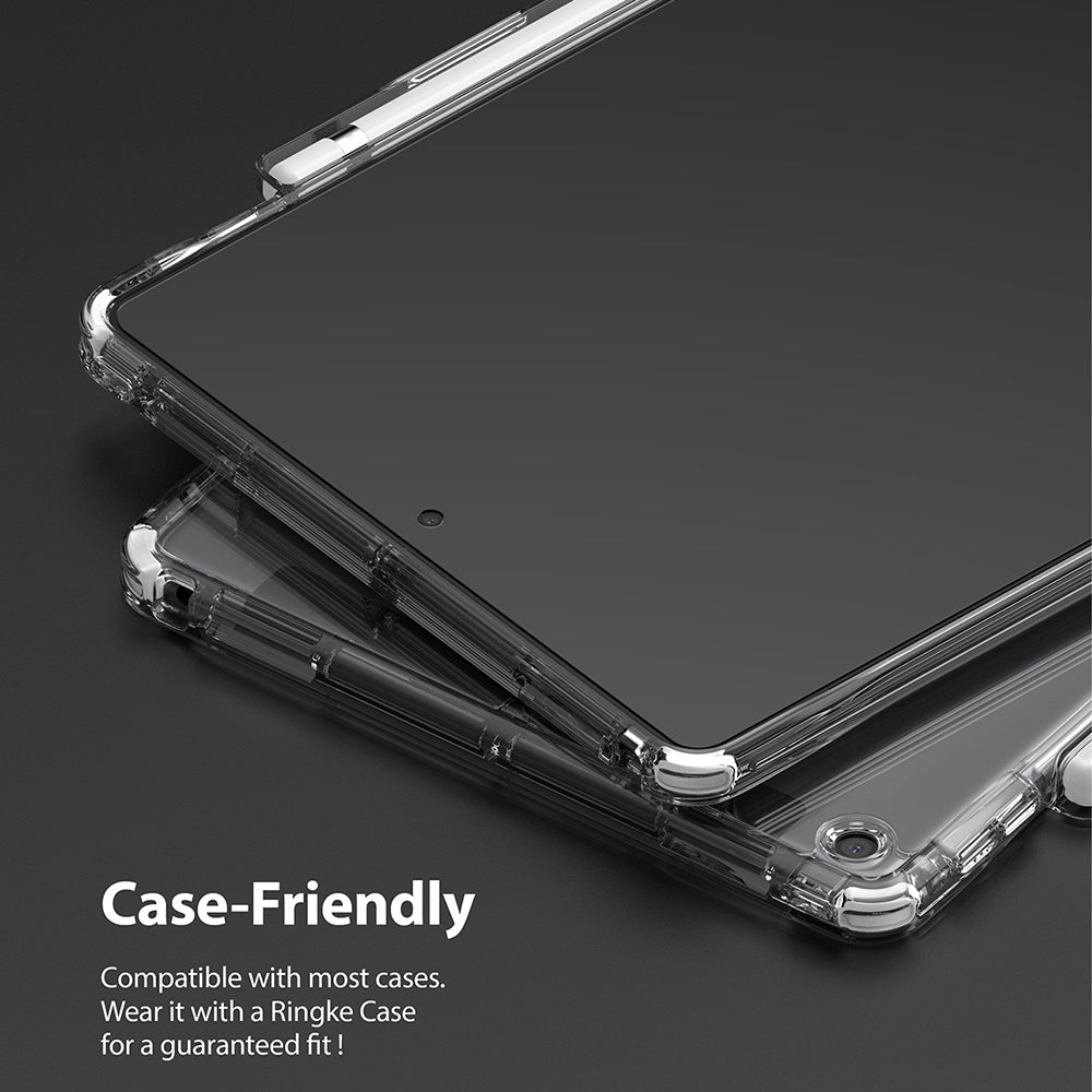 Tempered Glass | iPad - An iPad with a screen protector inside a clear protective case, showing a precise, case-friendly fit.