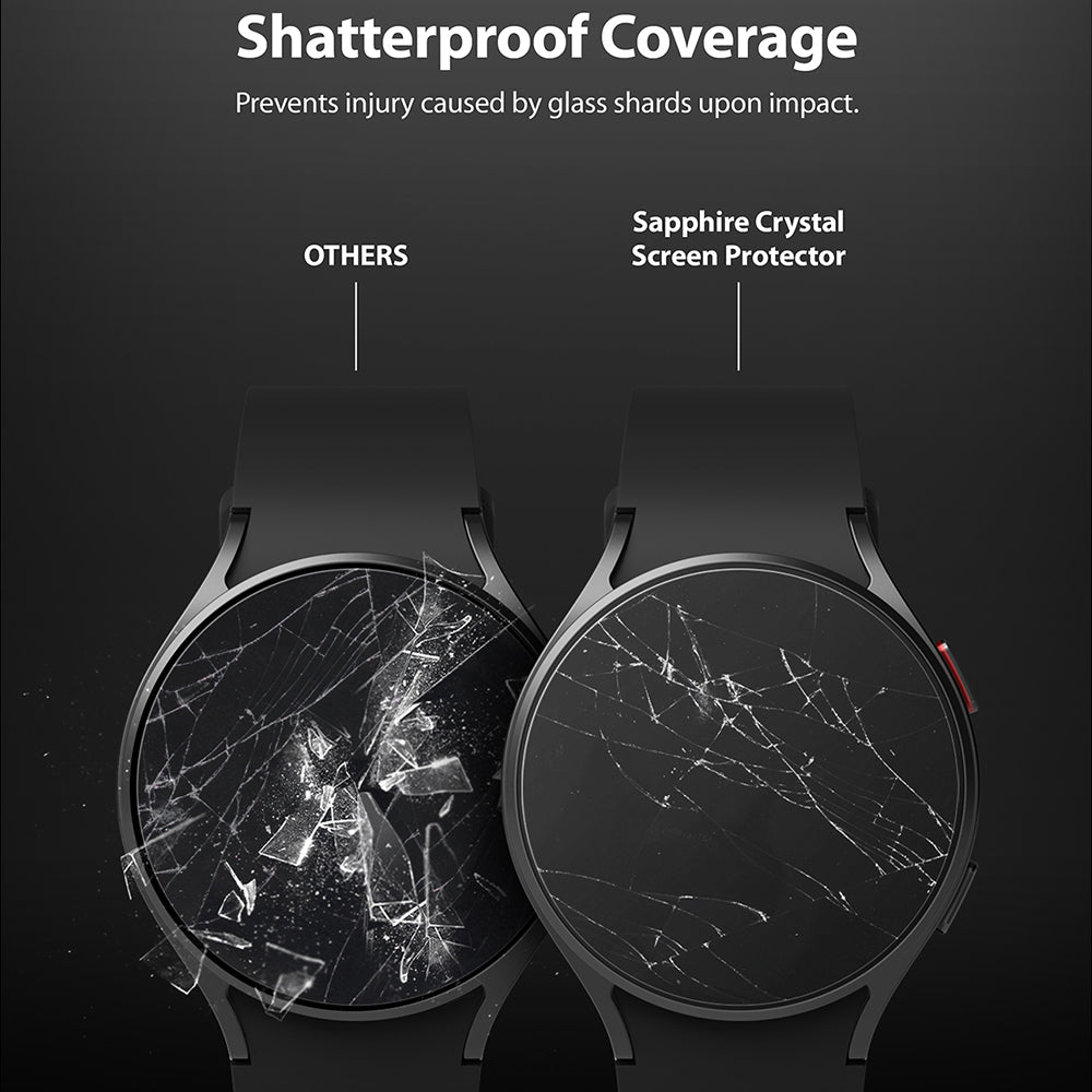 Galaxy Watch 5 / 4 (40mm) Screen Protector | Sapphire Crystal Glass - Galaxy Watch 5 / 4 (40mm) Screen Protector - Comparison showing shattered standard glass versus intact sapphire crystal.