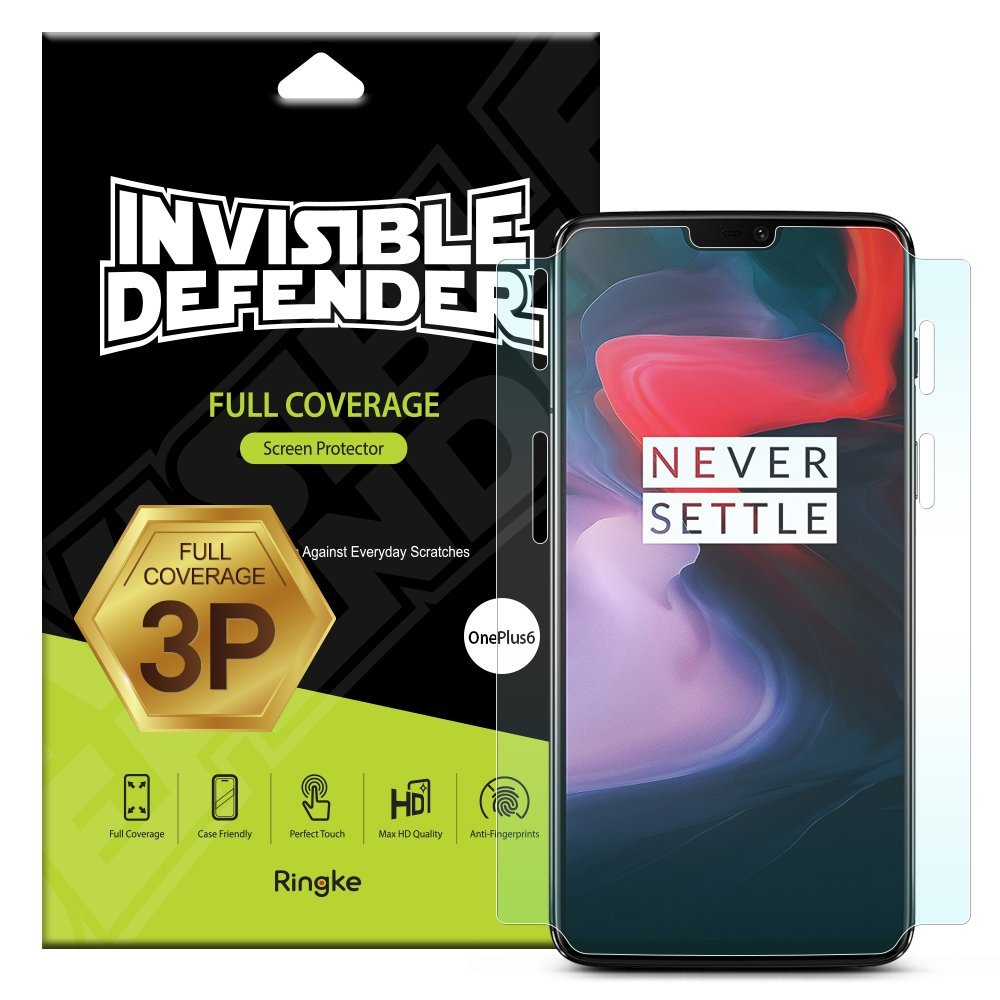 OnePlus 6 Screen Protector | Invisible Defender - OnePlus 6 Screen Protector - Invisible Defender packaging with a clear screen protector overlaying a OnePlus 6 smartphone.