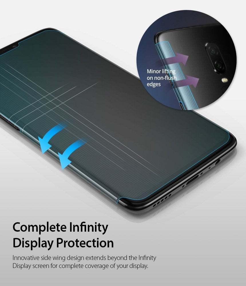OnePlus 6 Screen Protector | Invisible Defender - OnePlus 6 Screen Protector - Smartphone with edge-to-edge screen protector showing side wing design and potential lifting.