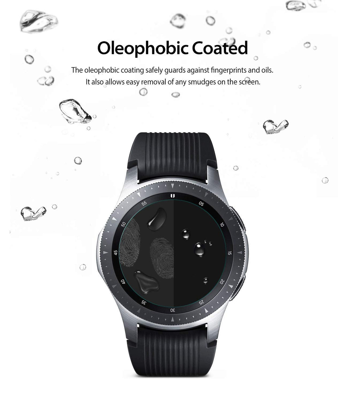 Galaxy Watch 46mm Screen Protector | Glass - Smartwatch with split-screen showing fingerprint resistance vs water.