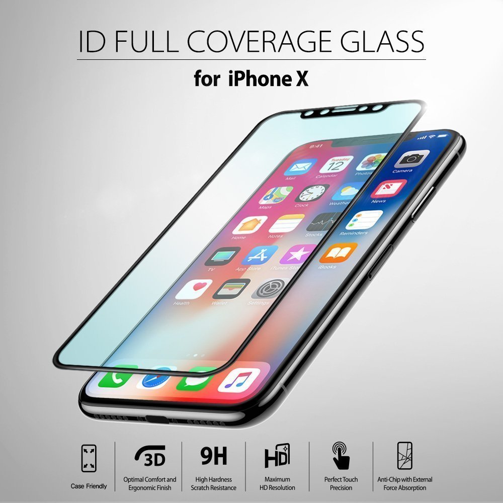 iPhone X Screen Protector | Full Cover Glass - iPhone X Screen Protector - Full coverage glass hovering above an iPhone X with feature icons listed below.