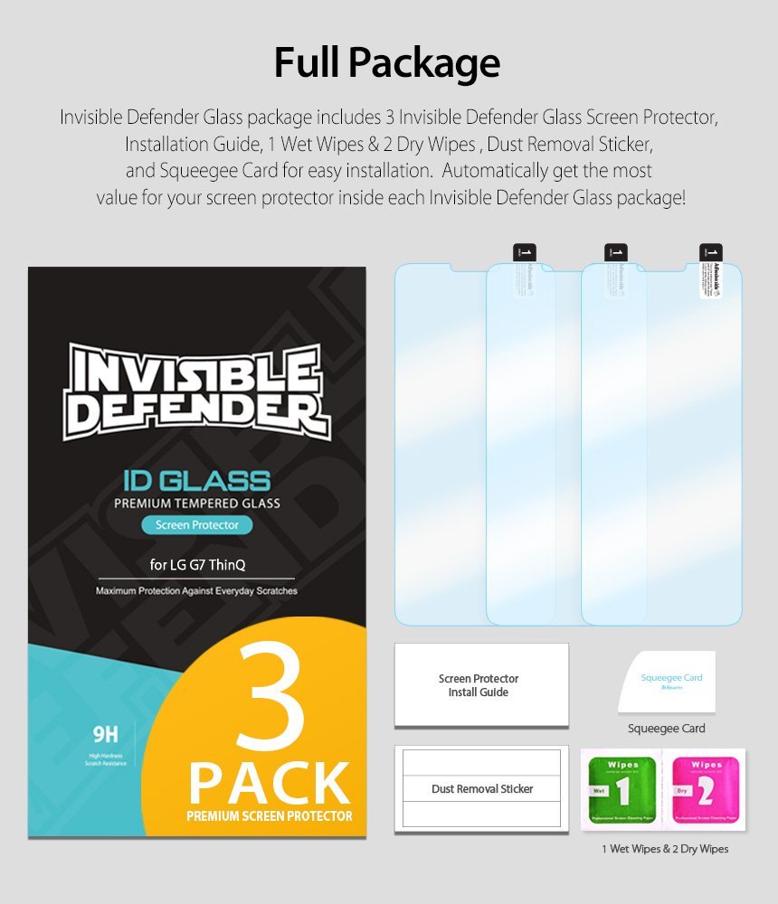 LG G7 ThinQ Screen Protector | Invisible Defender Glass - LG G7 ThinQ Screen Protector - Three glass protectors, installation guide, squeegee, and cleaning wipes in a 3-pack kit.