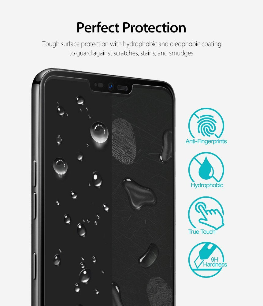 LG G7 ThinQ Screen Protector | Invisible Defender Glass - LG G7 ThinQ Screen Protector - Smartphone screen with water droplets and fingerprint icons showing protective features.