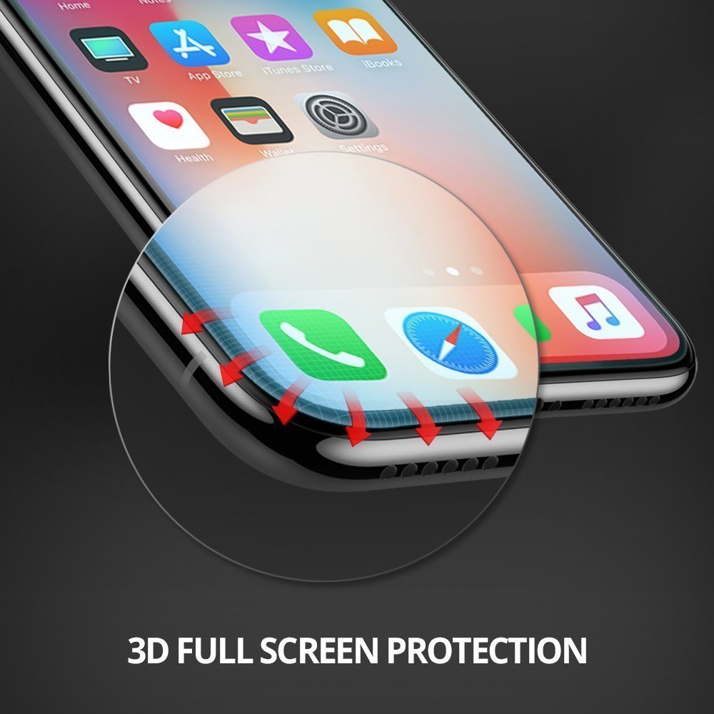 iPhone X Screen Protector | Full Cover Glass - iPhone X Screen Protector - Magnified view of curved glass edge with red arrows showing full screen coverage.