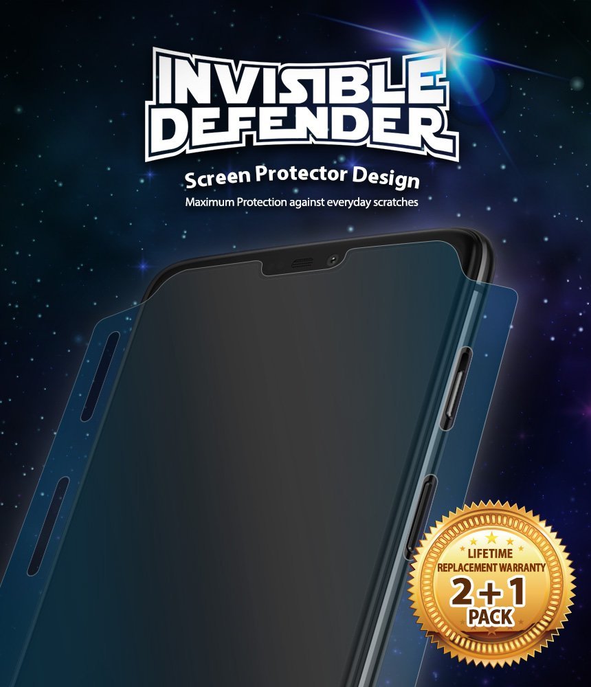 OnePlus 6 Screen Protector | Invisible Defender - OnePlus 6 Screen Protector - Invisible Defender screen protector for OnePlus 6 against a starry space background with a 2+1 pack seal.
