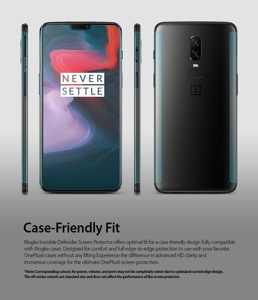 OnePlus 6 Screen Protector | Invisible Defender - Front, side, and back views of a OnePlus 6 with a screen protector.