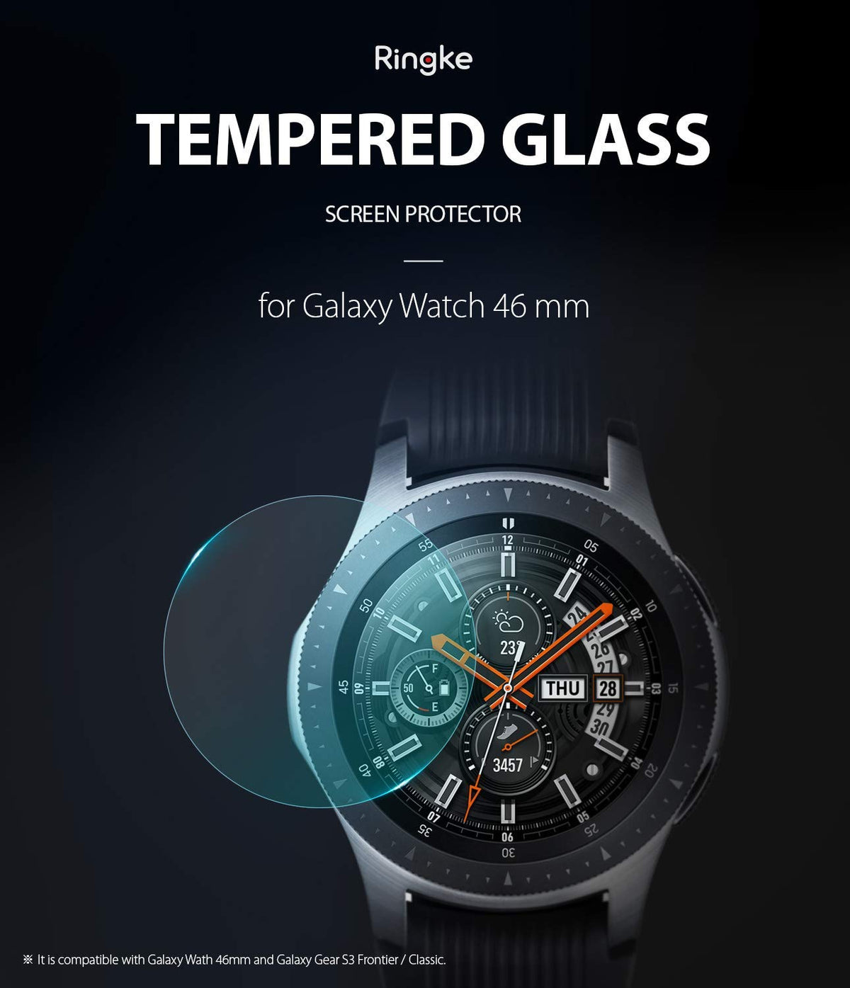 Galaxy Watch 46mm Screen Protector | Glass - Galaxy Watch 46mm Screen Protector - Ringke tempered glass protector hovering over a Galaxy Watch 46mm face.