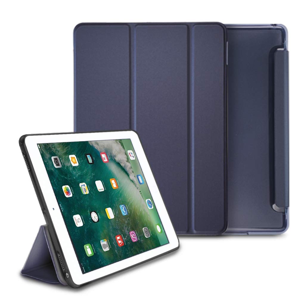 Smart Cover Clear Slim Stand | iPad - A dark blue folding iPad case shown both closed and propped up as a stand for an iPad.
