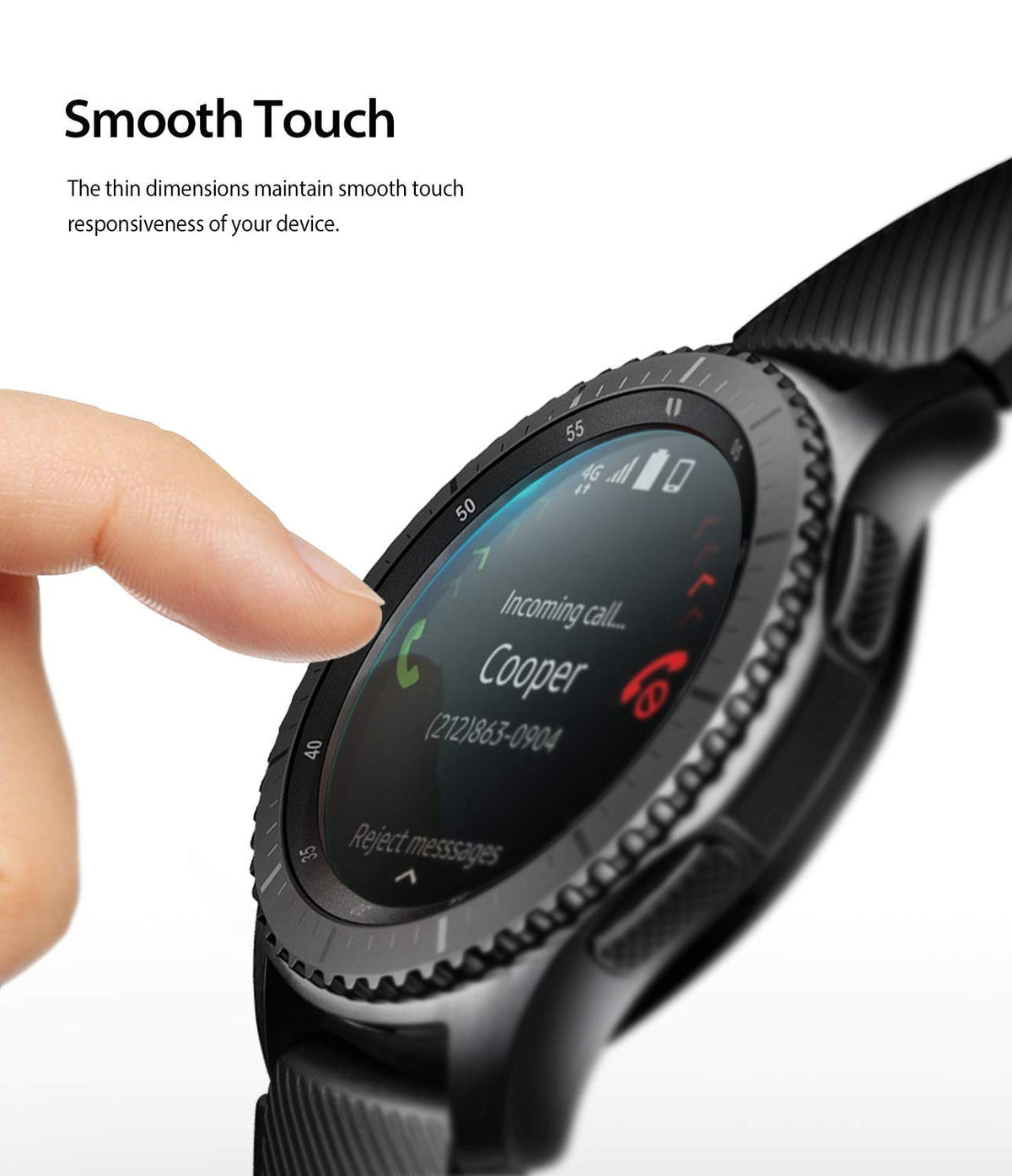 Galaxy Watch 46mm Screen Protector | Glass - Finger touching a Galaxy Watch screen showing an incoming call.