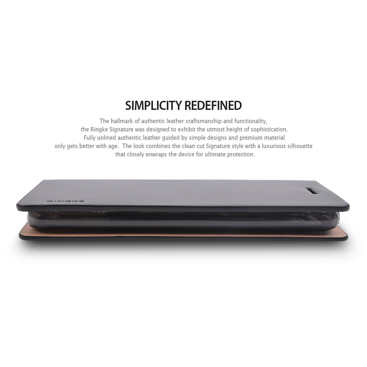 LG G5 Case | Signature - Black - A black leather wallet-style phone case shown closed with descriptive marketing text above.