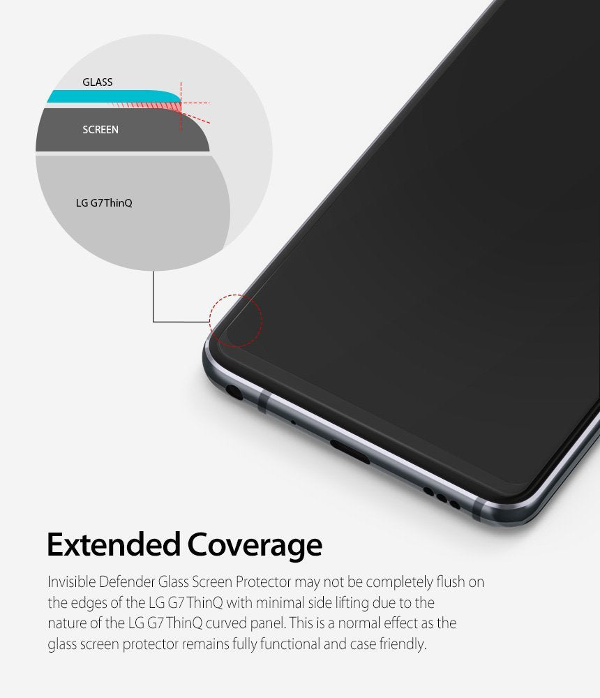 LG G7 ThinQ Screen Protector | Invisible Defender Glass - LG G7 ThinQ Screen Protector - Diagram showing a glass screen protector edge gap on a curved LG G7 ThinQ phone screen.