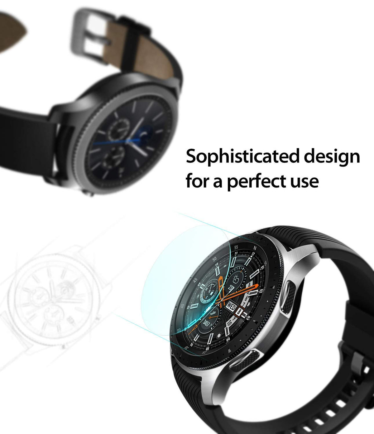 Galaxy Watch 46mm Screen Protector | Glass - A clear circular glass protector hovering over a black smartwatch.