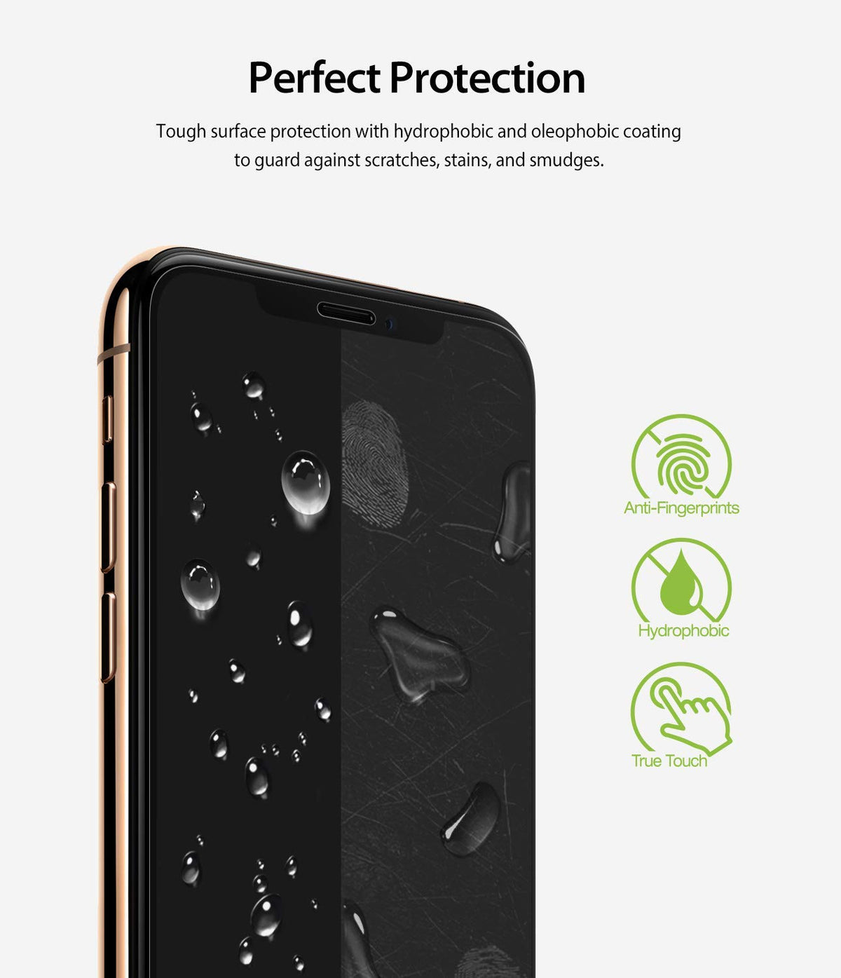 iPhone XS Max Screen Protector | Dual Easy Film - iPhone XS Max Screen Protector - Smartphone with water droplets on screen and icons for anti-fingerprint and hydrophobic features.