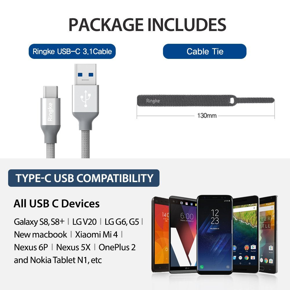 USB Type C Cable - A Ringke USB-C cable, 130mm cable tie, and a list of compatible smartphones and devices.