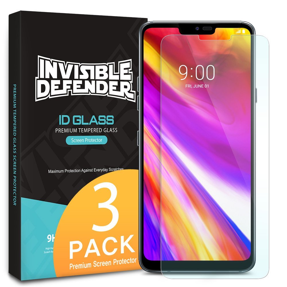 LG G7 ThinQ Screen Protector | Invisible Defender Glass - LG G7 ThinQ Screen Protector - Invisible Defender 3-pack tempered glass protector next to its branded product box.