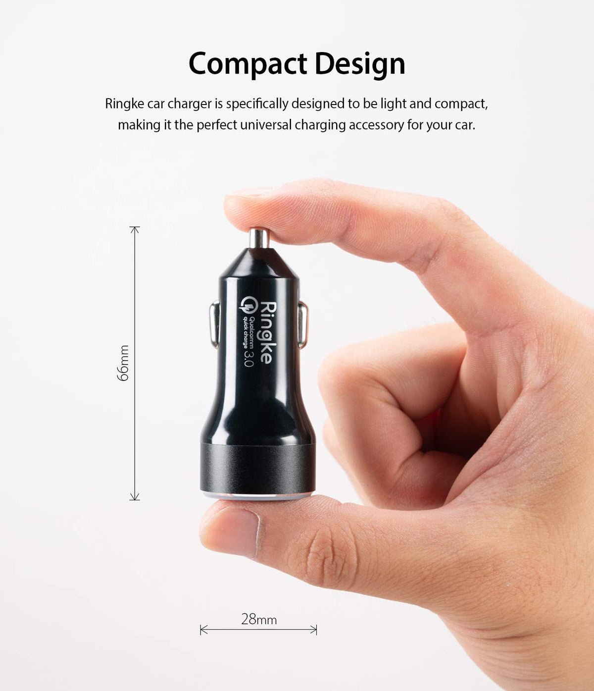 RealX2 Quick Charge 3.0 - Hand holding a compact black Ringke car charger with 66mm height and 28mm width dimensions.